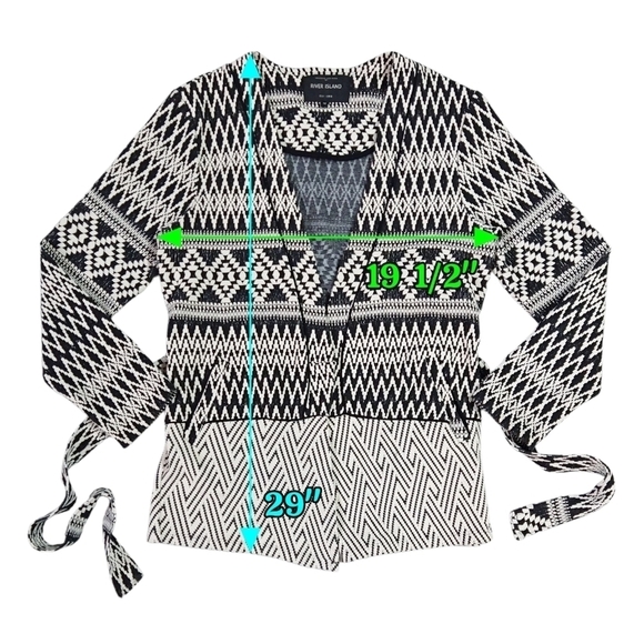 River Island Black Ivory Open Aztec Southwest Front Belted Cardigan Pockets Boho - Picture 3 of 9